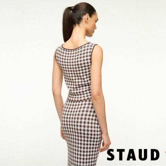 STAUD **NWT** Montgomery Cropped Knit Tank in Chocolate Brown Gingham - Picture 5 of 14